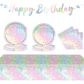 Iridescent Diamond Plate Birthday Party Supplies Decorations, Disposable Holographic Paper Tableware Includes 40 Plates 20 Napkins and 1 Tablecloth for Girls Kids Birthday Theme Party, Serve 20