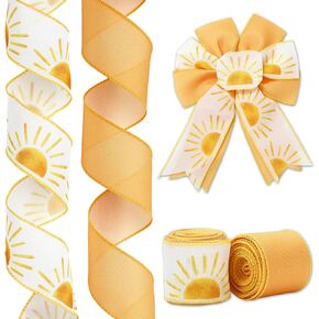 2 Roll Boho Sun Wired Edge Ribbon 2.5 Inch 20 Yards Sunshine Baby Shower Ribbon Sunrise Sunset Ribbon for Bow Wreath Craft Gift Wrap Party Decor
