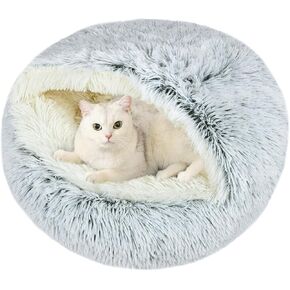 Cat Bed Round, Hooded Cat Bed Cave Fluffy Dog Beds, Cozy Donut Anti Anxiety Dog Bed for Small Dog and Cat, Gifts for Cat Lovers(24×24inch, Grey)