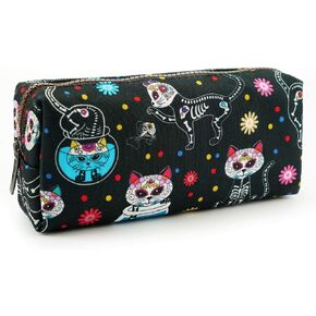 Lparkin Day of the Dead Cats Pencil Case Box Dia de de Los Muertos Bag Sugar Skull Cats Bag Bag Bagous Rockabilly Bag Makeup Commetic Sateraly