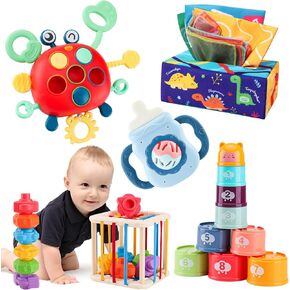 Montessori Baby Toy for 6 12 18 Months,Teether Rattle Toy Tissue Box Pull String Crab Toy,Infant Sensory Toys Shape Storage Bin,Stacking Cup Toy Gift for Toddlers Boys Girls 1 2 3 Year Old