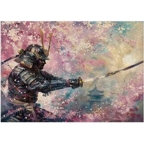 Cherry Blossom and Samurai Jigsaw Puzzle 1000 Pieces for Adults - Floral Puzzle Gift for Japan Lovers - 1000pc Horizontal Puzzles (50x70cm / 19.685"x27.559")