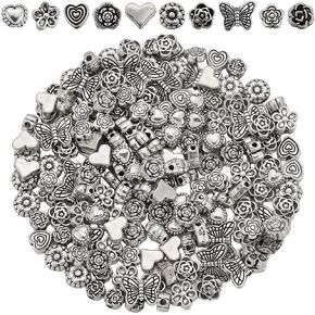 SUNNYCLUE 1 Box 200Pcs 10 Styles Flower Bead Silver Butterfly Beads Bulk Tibetan Alloy Metal Mini Love Heart Valentines Birthday Flower Caps Spacer Beads for Jewelry Making Beading Bracelets DIY Craft