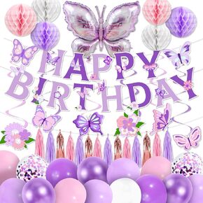 Purple Butterfly Decorations - 53pc Set with Honeycomb Banners, Foil Balloons & Swirls for Women's or Girl's Butterfly Theme Birthday Supplies