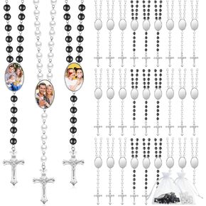 Taiyin Sublimation Blanks Rosary Beads Necklace Set Catholic Rosaries Printable Insert Necklace Prayer Beads with Sheer Organza Bags for Baptism Women Men Jewelry Gifts DIY Making(12 Set)