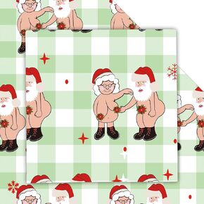 Dtiafu Funny Christmas Wrapping Paper Naughty Santa Green Plaid Gift Wrapping Paper for Women Men Adult Husband Wife Holiday(6 Sheet)