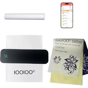 طابعة iooioo المحمولة ، طابعة حرارية بلوتوث اللاسلكية لورقة نقل استنسل الوشم ، مقابل 8.5 × 11 حرفًا ، ورق حراري مطول ومطوي (أسود ، دون حمل علبة)