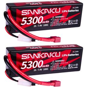 SANKAKU 2S 5300mAh Lipo Battery 7.4V 100C Lipos Hard Case with Deans T Plug for RC Vehicles car Truck Buggy Tank Models Hobby 2pcs