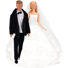 BARWA Wedding Set White Wedding Dress with Veil and Formal Suit Outfit for Boy & Girl Dolls