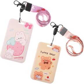 Mabor 2Pcs Kpop Photocard Holder Sliding Cute Cartoon Rabbit Bear Animal Kpop ID Badge Holder with Keychain Long Lanyard Kawaii PC Holder for School Student Bus Card ID Credit Cards