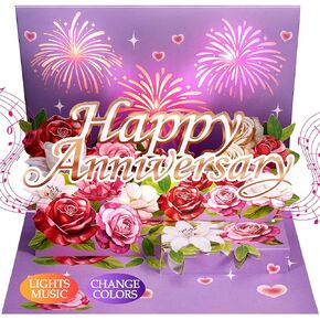 Airpark Anniversary Card with Music & Lights, 3D Pop Up Happy Anniversary Card for Wife, Anniversary Essentials for Her/Him/Wife/Husband/Couple, with Fireworks & Rose Lily Paper Flowers