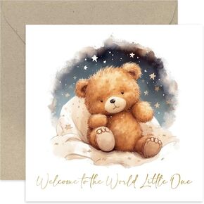 Welcome Little One New Baby Card for Baby Boy or Girl - Cute Teddy Bear Gold Foil - Special Congratulations Gift for New Parents - Card for Mummy Daddy Grandparents | Blank Inside