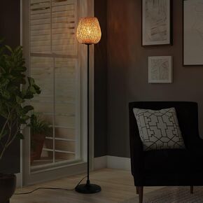 Bamboo Rattan Floor Lamp for Living Room, Boho Ambient Light Contemporary Plug in Cord Switch Standing Lamp Wicker Japanese Style E26 Lights for Bedrooms Living Room(Excluded Bulb)