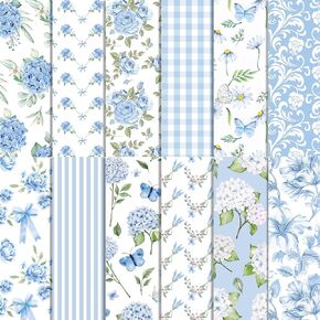 24 Sheets Hydrangea Scrapbook Paper 11.8'' x 11.8'' Blue Spring Flower Pattern Paper Pack Hydrangea Double-Sided Scrapbook Paper for Card Making Decor Origami Scrapbooking DIY Decorative