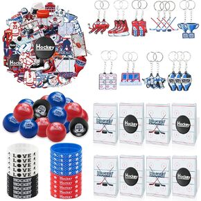 Hockey Party Favors 130Pcs Hockey Party Supplies Foam Hockey Balls, Silicone Wristbands, Hockey Theme Stickers, Hockey Theme Gift Bags, Hockey Keychains, Gifts for Kids Students