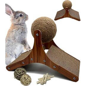 Rabbit Scratch Toys, Natural Sisal Bunny Scratching Cardboard Pad and Scratcher Ball, 2-in-1Pet Enrichment Interactive Toy for Indoor Bunnies Ferrets Chinchillas Small Animals Boredom Breaker
