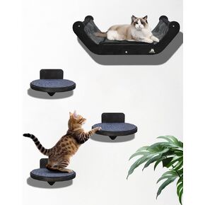 Wooden Cat Wall Shelves with 3 Steps – Space-Saving Wall Mounted Cat Tree Set, Modern Climbing Wall Furniture & DIY Shelves Kit for Small Apartments, Cat Bed for Sleeping, Playing and Climbing