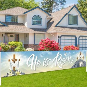 He is Risen Door Cover Happy Easter Decorations He is Risen Easter Religious Cross Door Cover Decorations Large Fabric Easter Cross Door Cover for Jesus Spring Easter Party Decor