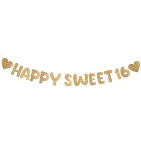 Happy Sweet 16 Banner, Gold Pre-Strung Sweet Sixteen Party Decorations Glitter Cute 16th Birthday Party Sign for Girls Sixteenth Birthday Supplies Decor for Birthday Bachelorette Party Photo Props