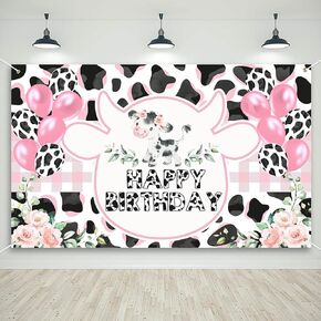 Mocsicka Cow Birthday Banner for Girls Pink Holy Cow Print Backdrop Party Decoration Cow Spot Balloon Birthday Photography Background (Pink, 70.8 x 43.3 Inch)