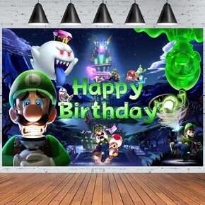 Game Party Supplies, Happy Birthday Backdrop for Luigi Game Theme Party, 5 x 3 FT Birthday Banner for Girls Boys Fans Birthday Party Decorations