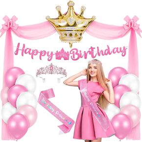 35 Pcs Princess Birthday Party Decoration Include Princess Crown and Sash, Birthday Banner, Pink Curtains with Bows, Crown Balloons and 24 Pink Balloons for Princess Birthday Party Supplies