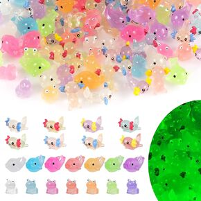 110pcs Luminous Mini Resin Animals, 3 Styles Mini Resin Frog Axolotl Dolphin Miniature Figurines Glow in The Dark Tiny Resin Animals for DIY Crafts Garden Dollhouse Plant Decor