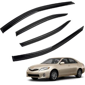 4pcs JDM 3D Wavy MU Style Window Visors Compatible with 2007-2011 Toyota Camry, Front+Rear Left+Right Outside Mount Type Dark Smoke Tint Tape-On Side Sun Rain Guards Set of 4