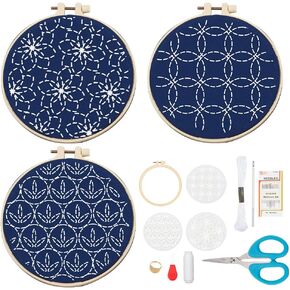FREEBLOSS 3 Set Sashiko Kit Sashiko Embroidery Kit Beginner Embroidery Kit includes Embroidery Thread, Needles, Fabric and Hoop Hand Sewing Kit with PET Template