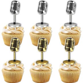18pcs الذهب الفضة اللمعان الميكروفون الحلوى كب كيك topper للموسيقى ktv Let's Party موضوع ديكور لوازم عيد ميلاد سعيد الزفاف الزفاف الديكور