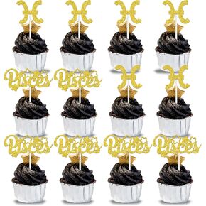 12Pcs Pisces Cupcake Topper, Big Pisces Energy/Pisces Season, 12 Constellation March/April Birthday Cupcake Decoration, Horoscope Astrology Birthday Party Supplies, Gold Glitter