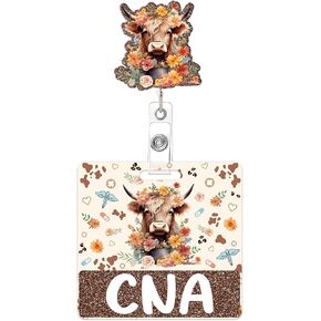CNA Badge Reel and Buddy - CNA Badge Buddy Horizontal, Highland Cow Floral Design Badge Reels Retractable with Swivel Clip for Certified Nursing Assistant, CNA Accessories for Work