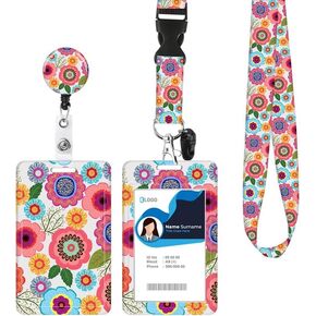 ID Badge Holder with Retractable Lanyard and Keychain, Badge Reel with Rotate Carabiner Clip,Gold Flowers Card Name Tag Lanyard ID Protector Bage Clips for Teachers, Student, Women, Office