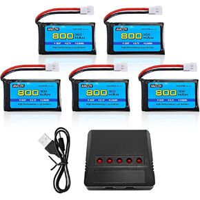 5PCS 3.7V 800mAh 30C Lipo Battery with 5-in-1 Charger Molex Plug for SYMA X5C X5SW H5C V931 U45W SS40 RC Drone Compatible with Most Four Axis Aircraft Batteries (5PCS Battery+5-in-1 Charger)