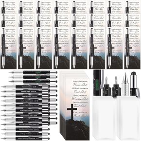 24 Sets Christian Multitool Pens Gift Bible Verse Religious 6 in 1 Multitool Pen Bulk with Ruler, Level, Stylus, Screwdriver Motivational Bookmark Cards for Men Boys Pastor Father(Black)
