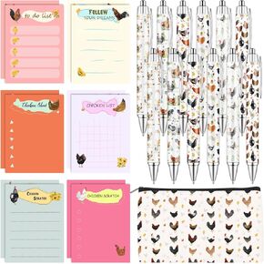 25 Pcs Chicken Gifts Rooster Chicken Stationery Set Include 12 Farm Animal Pens 12 Funny Chickens Sticky Notepad 1 Pencil Case Pouch Chicken Lover Gift Office School Supplies for Women Nurse Teacher