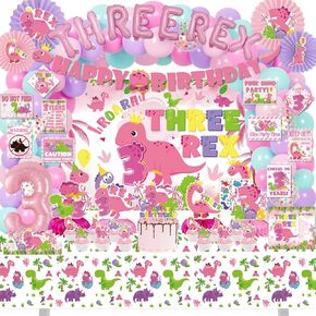 Girl Dinosaur 3rd Birthday Decorations for Girls, Three Dino Rex Pink Theme Party Decor Supplies - Backdrop, Banner, Tablecloth, Centerpieces, Temporary Tattoos, Fans Pompoms, Wall Signs