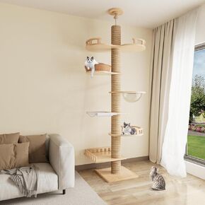 Floor to Ceiling Cat Tree, 7-Tier Multifunctional Cat Tower Height Adjustable, Wooden Cat Condo with 7 Sisal Scratching Post and Mat Cat Pole for Indoor Cats