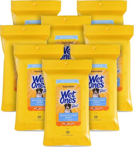 Wet Ones for Pets Delicate Clean Puppy Cleaning Wipes With Oatmeal | Mild & Soothing Puppy Grooming Wipes in Tropical Splash Scent, Wet Ones Wipes with Wet Lock Seal | 30 Ct Pouch Dog Wipes in Saudi Arabia