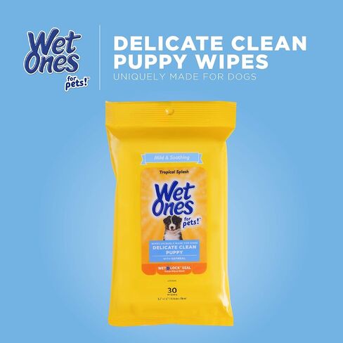 Wet Ones for Pets Delicate Clean Puppy Cleaning Wipes With Oatmeal | Mild & Soothing Puppy Grooming Wipes in Tropical Splash Scent, Wet Ones Wipes with Wet Lock Seal | 30 Ct Pouch Dog Wipes in Saudi Arabia