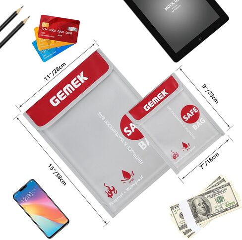 Fireproof Waterproof Money Document Bag 2 Pack, GEMEK Safe Zipper Bags, Fire & Water Resistant Storage Organizer Pouch for A4 A5 Documents Holder,File,Cash,Jewelry,Passport,Tablet,Laptop (Black) in Kuwait