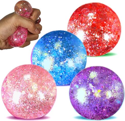 Fidget Toys for Kids - Slow Rise Glitter Gel Stress Balls for Adults Pack of 4, Malt Sugar Stress Balls Sensory Squishy Squeeze Balls for Anxiety Relief/Therapy/Exercise(Blue/Pink/Purple/Coral) in Saudi Arabia