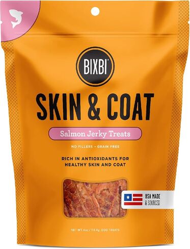 BIXBI Skin & Coat Support Salmon Jerky Dog Treats, 4 oz - USA Made Grain Free Dog Treats - Antioxidant Rich to Support Shiny, Full Bodied Coats - High in Protein, Whole Food Nutrition, No Fillers in Saudi Arabia