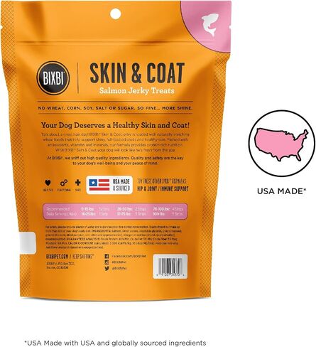 BIXBI Skin & Coat Support Salmon Jerky Dog Treats, 4 oz - USA Made Grain Free Dog Treats - Antioxidant Rich to Support Shiny, Full Bodied Coats - High in Protein, Whole Food Nutrition, No Fillers in Saudi Arabia