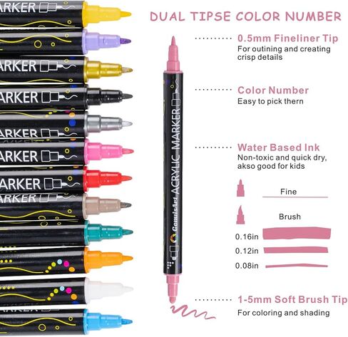 24 Colors Acrylic Paint Pens, Acrylic Paint Markers Dual Tip, with Dot Tip and Fine Tip, Acrylic Markers for Rock Painting, Wood, Canvas, Fabric, Paper, DIY Crafts Making Art Supplies (24) in Saudi Arabia