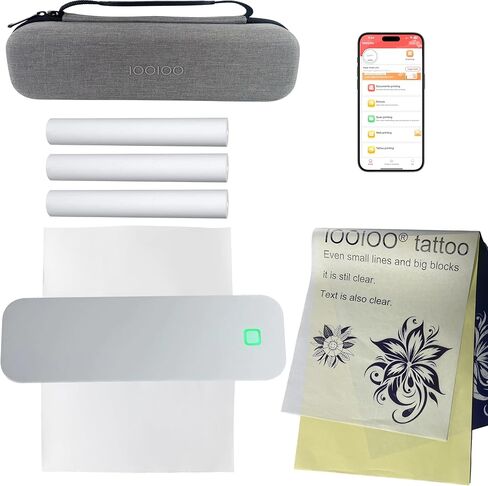طابعة iooioo المحمولة ، طابعة حرارية بلوتوث اللاسلكية لورقة نقل استنسل الوشم ، مقابل 8.5 × 11 حرفًا ، ورق حراري مطول ومطوي (أسود ، دون حمل علبة) in Kuwait