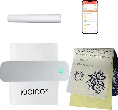 طابعة iooioo المحمولة ، طابعة حرارية بلوتوث اللاسلكية لورقة نقل استنسل الوشم ، مقابل 8.5 × 11 حرفًا ، ورق حراري مطول ومطوي (أسود ، دون حمل علبة) in Kuwait