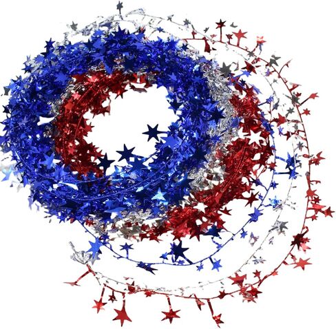 4th of July Patriotic Tinsel Garland Decoration Red White Blue Metallic Chunky Glitter Tinsel Doll House Miniature Furniture for Independence Day Memorial Day (Red White Blue) in Saudi Arabia