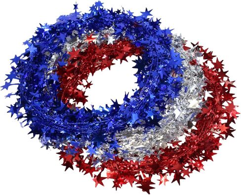 4th of July Patriotic Tinsel Garland Decoration Red White Blue Metallic Chunky Glitter Tinsel Doll House Miniature Furniture for Independence Day Memorial Day (Red White Blue) in Saudi Arabia