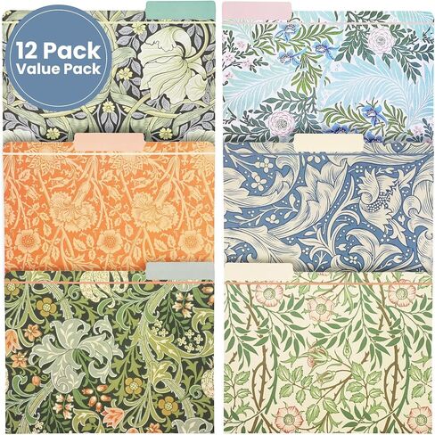 12 Pack William Morris Floral File Folders, Decorative 1/3 Cut Tab, Letter-Size Holders for Home Office in 6 Patterned Designs in Saudi Arabia